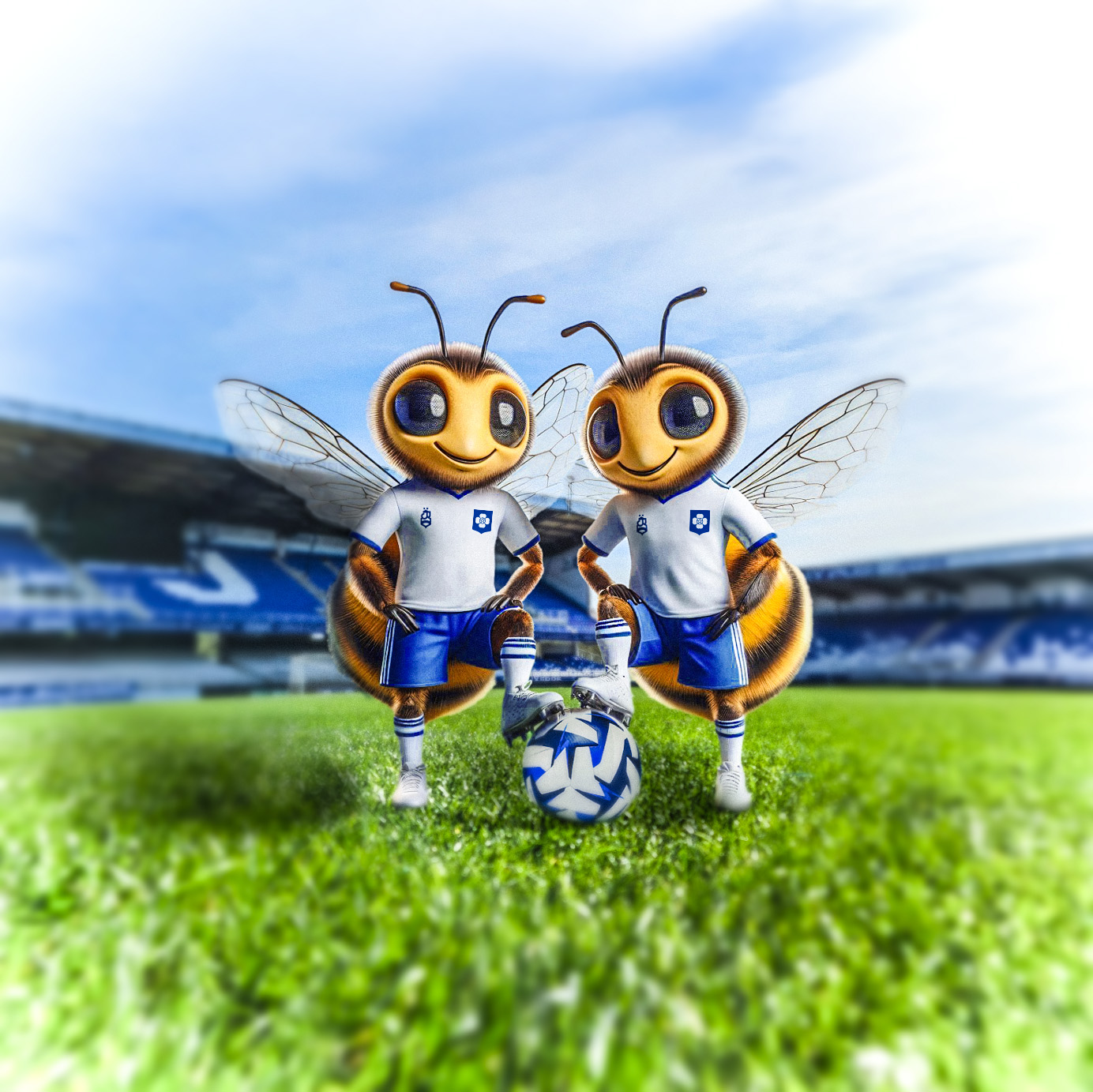 Deux abeilles en tenue de foot bleu et blanche au stade de l'Abbé-Deschamps