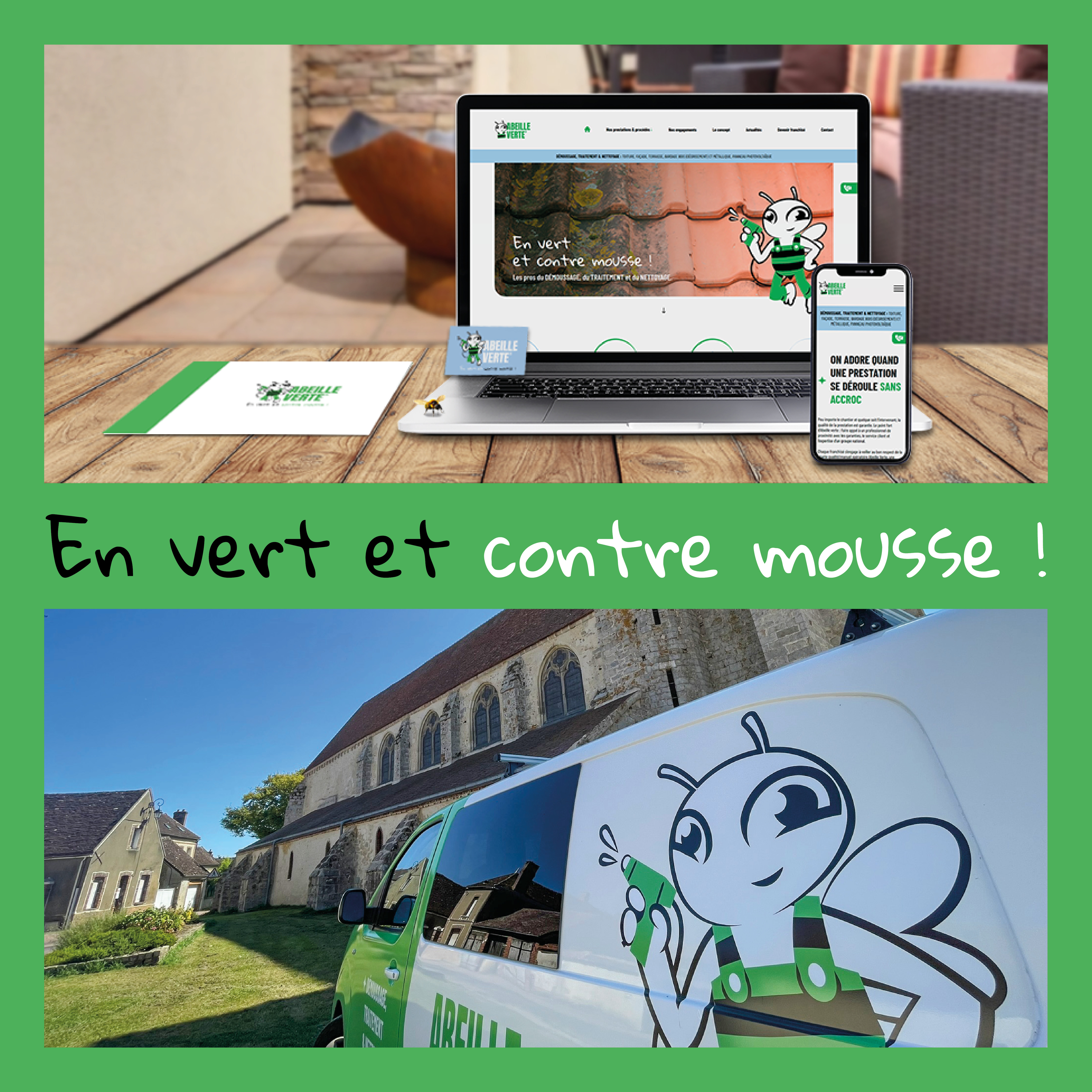 Mockup siteweb, carte de visite et plaquette abeille verte avec camion floqué